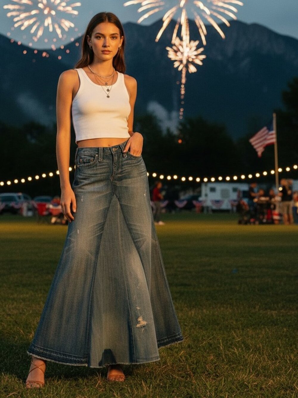 True Religion Made In USA Denim Maxi Skirt 27 Boho Flare Raw Hem Y2K